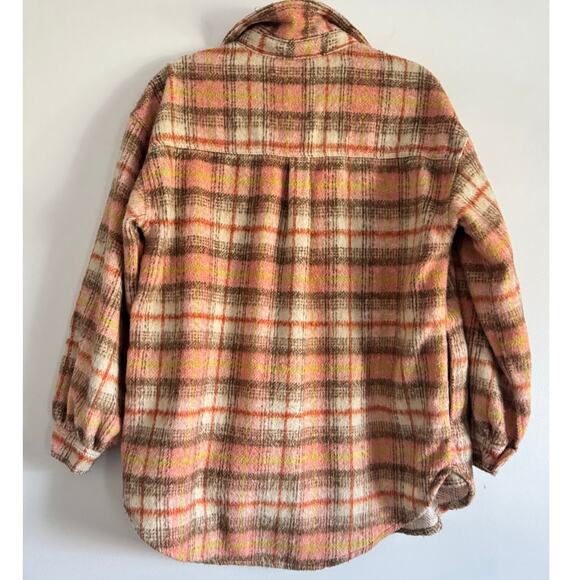 Cotton On Shacket Jacket Women XS Pink Brown Plaid Button Wool Blend Oversized - Picture 2 of 8
